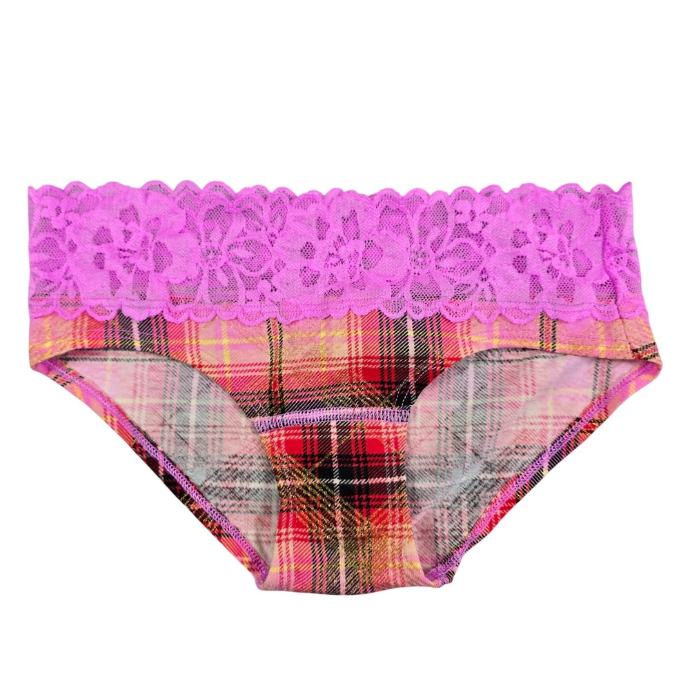 Victoria's Secret Lace Waist Bikini‎ Panties Womens XS Pink Plaid Metallic Gold